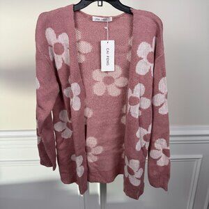 Cai Feng, Size M, Pink floral cardigan, long-sleeve.